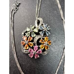 Vintage Sterling Silver Multi Sapphire & Diamond Flower Pendant